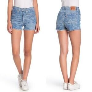 Levis 501 Red Tab Denim Short Women 30 Hi Rise Button Fly Camo Print Cut Off NWT